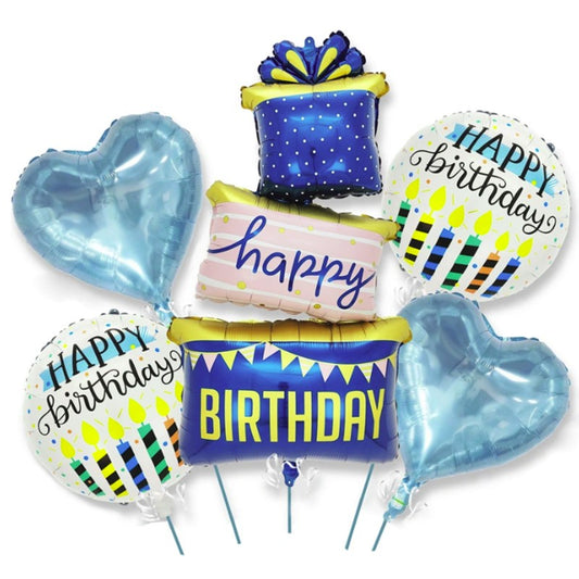 Baloane pentru aniversare, tematica Happy Birthday, set 5 baloane, 1 Cadouri, 2 inimi, 2 rotunde, din folie de aluminiu, pai de carton inclus, 60 x 124 cm Albastru