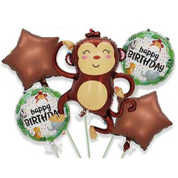 Baloane pentru aniversare, tematica Happy Birthday, set 5 baloane, 1 Maimuta 85 x 89 cm, 2 Stele, 2 Rotunde, din folie de aluminiu, pai de carton inclus, Maro