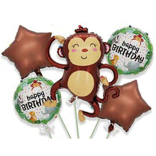 Baloane pentru aniversare, tematica Happy Birthday, set 5 baloane, 1 Maimuta 85 x 89 cm, 2 Stele, 2 Rotunde, din folie de aluminiu, pai de carton inclus, Maro