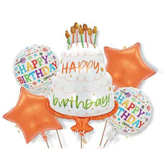 Baloane pentru aniversare, tematica Happy Birthday, set 5 baloane, 1 TORT 70 x 101 cm, 2 Stele, 2 Rotunde, din folie de aluminiu, pai de carton inclus, Portocaliu