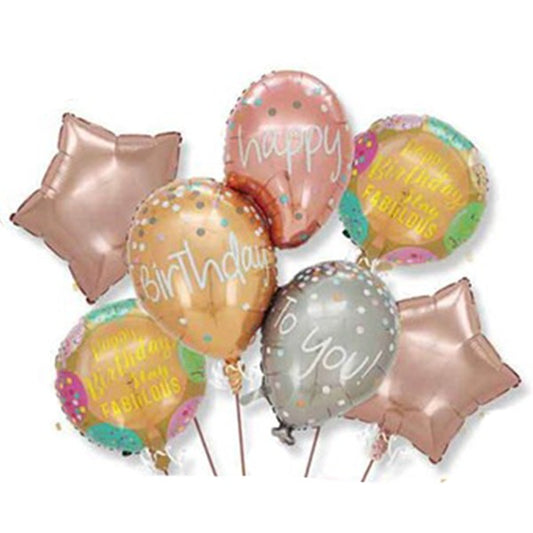 Baloane pentru aniversare, tematica Happy Birthday, set 7 baloane, 3 in1 Balon 86 x 110 cm, 2 Stele, 2 Rotunde, din folie de aluminiu, pai de carton inclus, Multicolor