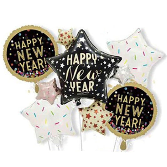 Baloane pentru aniversare, tematica Happy New Year, set 9 baloane, 1 Stea Mare 83 x 90 cm, 6 stele, 2 rotunde, din folie de aluminiu, pai de carton inclus, Negru
