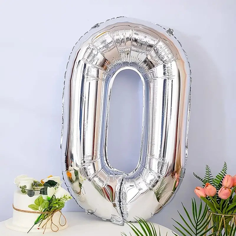 Balon din Folie, Cifra 0, 81 cm, Pentru Aer sau Heliu, Bulk, Argintiu