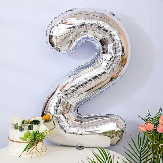 Balon din Folie, Cifra 2, 81 cm, Pentru Aer sau Heliu, Bulk, Argintiu