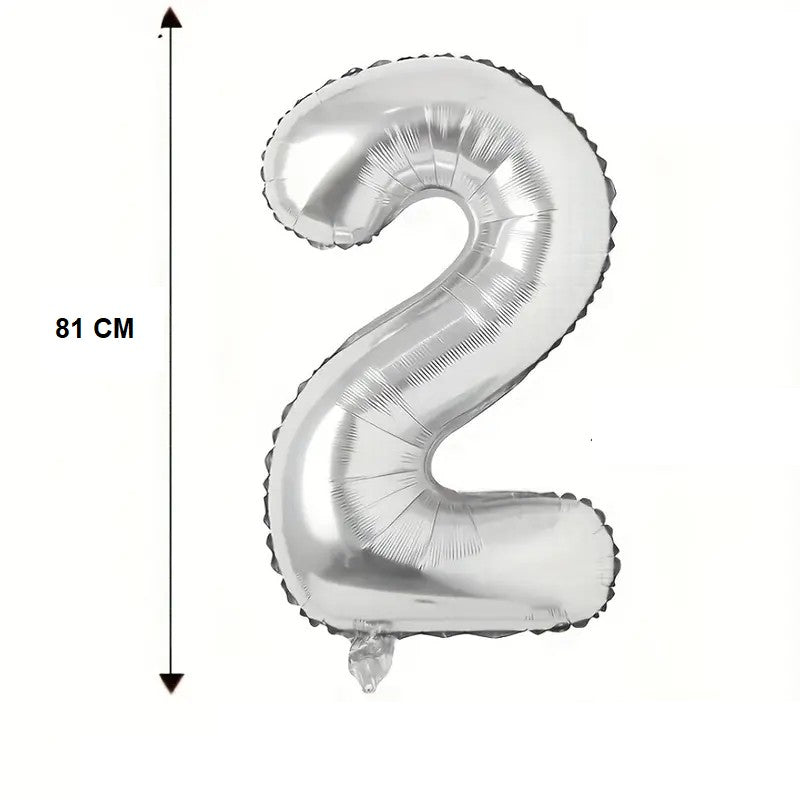 Balon din Folie, Cifra 2, 81 cm, Pentru Aer sau Heliu, Bulk, Argintiu