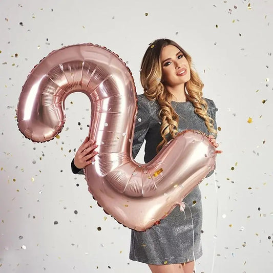 Balon din Folie, Cifra 2, 81 cm, Pentru Aer sau Heliu, Bulk, Roz Auriu
