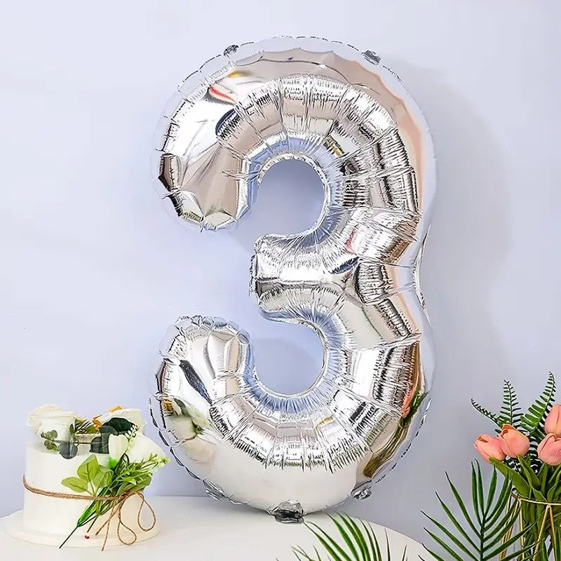 Balon din Folie, Cifra 3, 81 cm, Pentru Aer sau Heliu, Bulk, Argintiu