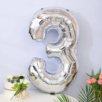 Balon din Folie, Cifra 3, 81 cm, Pentru Aer sau Heliu, Bulk, Argintiu