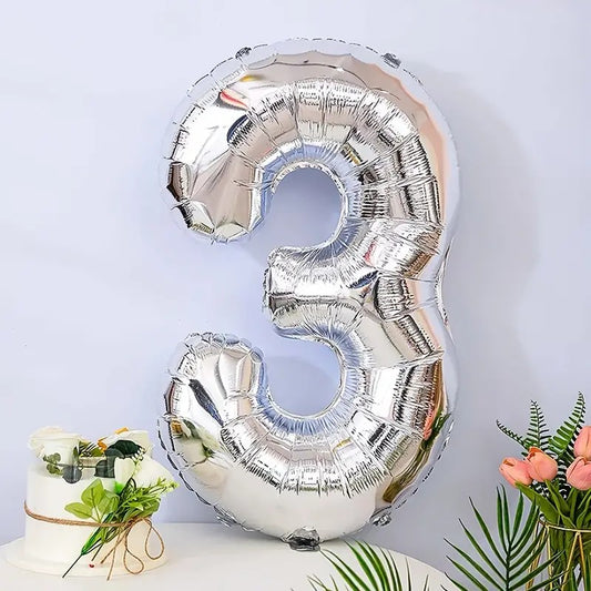 Balon din Folie, Cifra 3, 81 cm, Pentru Aer sau Heliu, Bulk, Argintiu