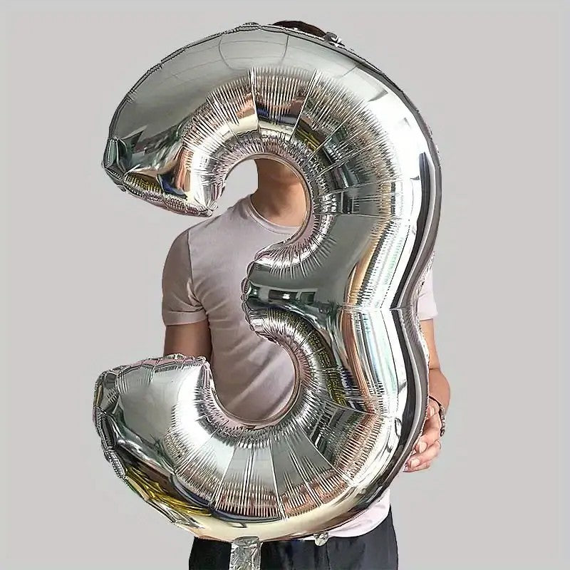 Balon din Folie, Cifra 3, 81 cm, Pentru Aer sau Heliu, Bulk, Argintiu