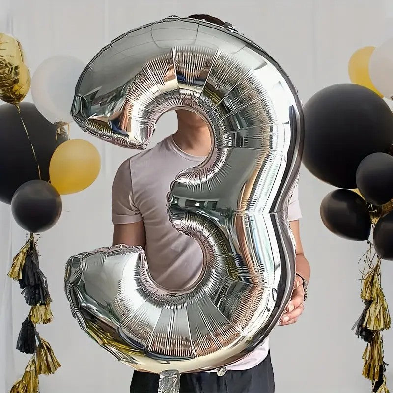 Balon din Folie, Cifra 3, 81 cm, Pentru Aer sau Heliu, Bulk, Argintiu