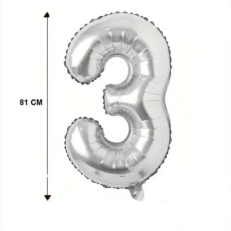 Balon din Folie, Cifra 3, 81 cm, Pentru Aer sau Heliu, Bulk, Argintiu