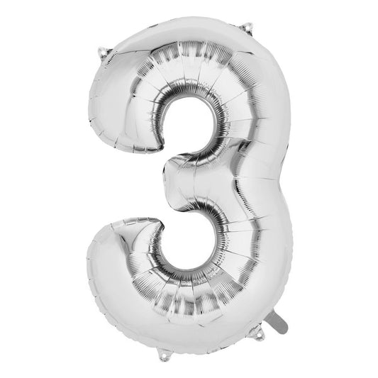 Balon din Folie, Cifra 3, 81 cm, Pentru Aer sau Heliu, Bulk, Argintiu