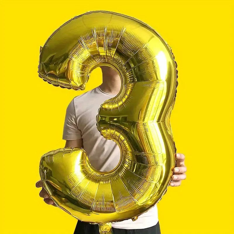 Balon din Folie, Cifra 3, 81 cm, Pentru Aer sau Heliu, Auriu