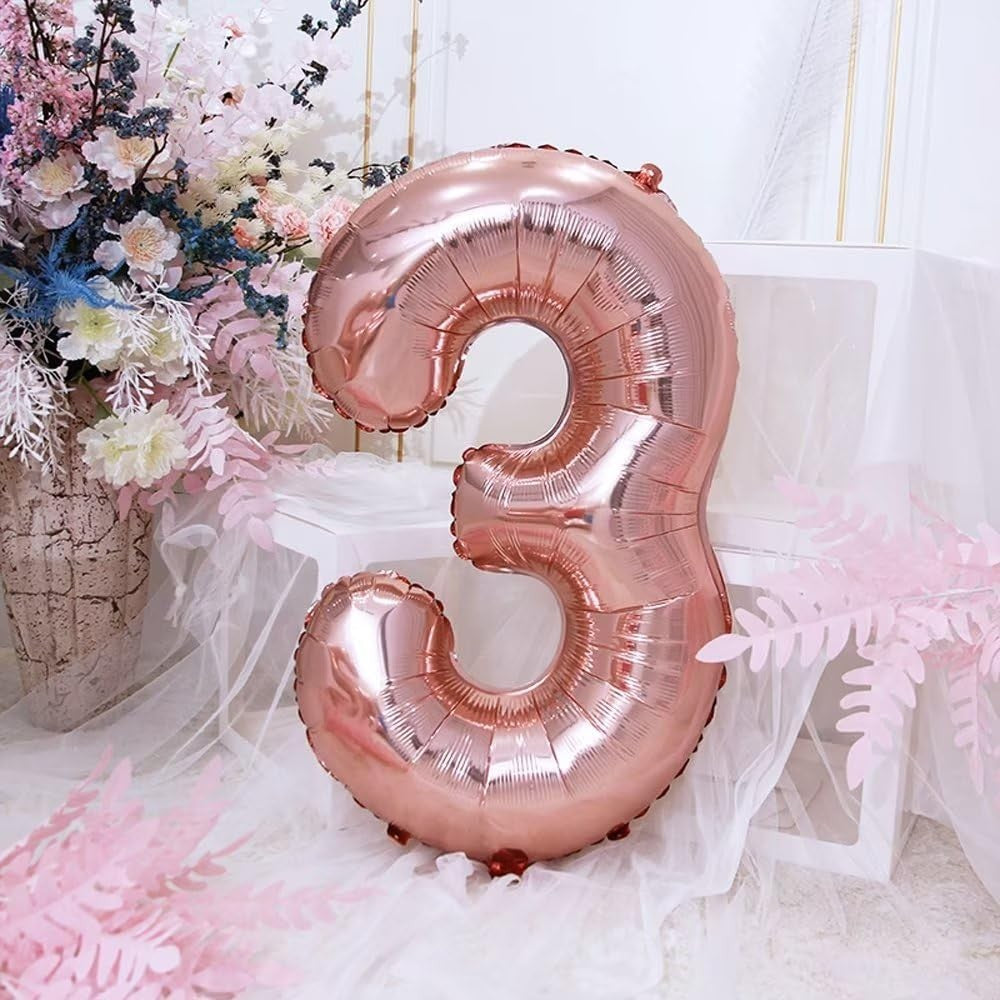 Balon din Folie, Cifra 3, 81 cm, Pentru Aer sau Heliu, Bulk, Roz Auriu