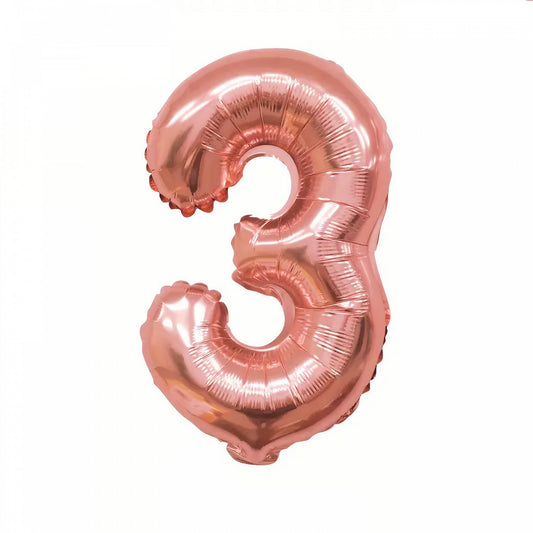 Balon din Folie, Cifra 3, 81 cm, Pentru Aer sau Heliu, Bulk, Roz Auriu