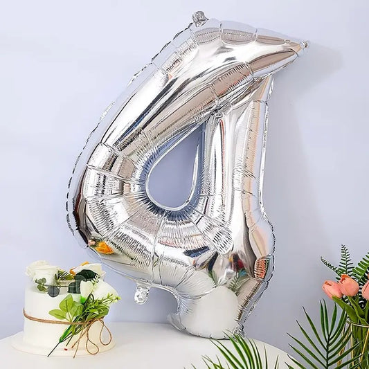 Balon din Folie, Cifra 4, 81 cm, Pentru Aer sau Heliu, Bulk, Argintiu