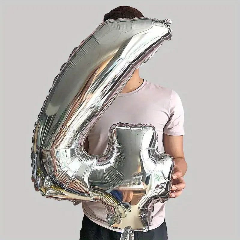 Balon din Folie, Cifra 4, 81 cm, Pentru Aer sau Heliu, Bulk, Argintiu