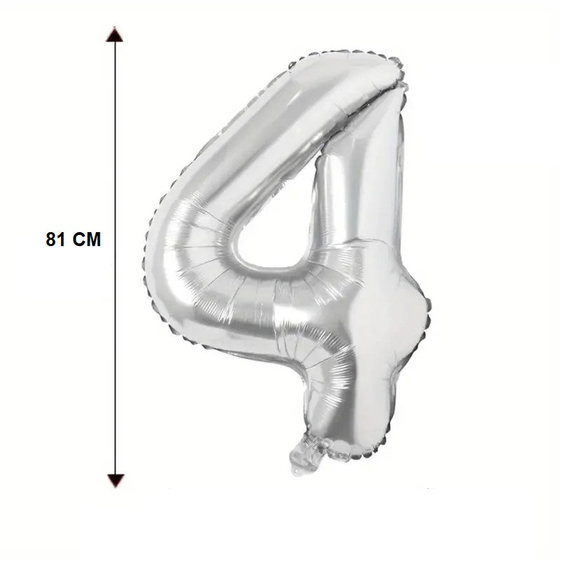 Balon din Folie, Cifra 4, 81 cm, Pentru Aer sau Heliu, Bulk, Argintiu