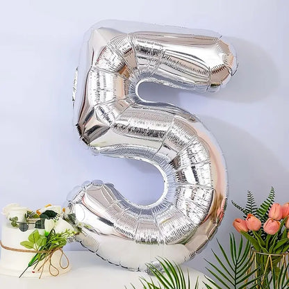 Balon din Folie, Cifra 5, 81 cm, Pentru Aer sau Heliu, Bulk, Argintiu