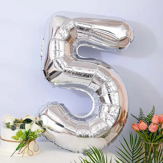 Balon din Folie, Cifra 5, 81 cm, Pentru Aer sau Heliu, Bulk, Argintiu