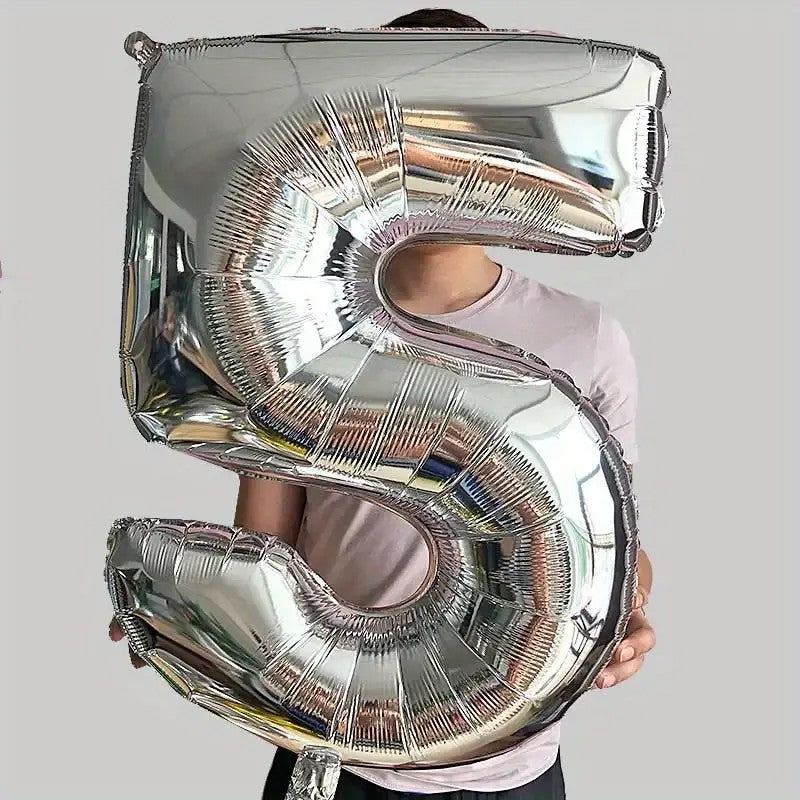 Balon din Folie, Cifra 5, 81 cm, Pentru Aer sau Heliu, Bulk, Argintiu