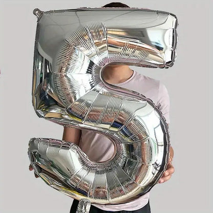 Balon din Folie, Cifra 5, 81 cm, Pentru Aer sau Heliu, Bulk, Argintiu