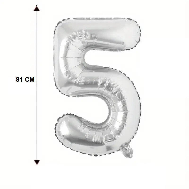 Balon din Folie, Cifra 5, 81 cm, Pentru Aer sau Heliu, Bulk, Argintiu