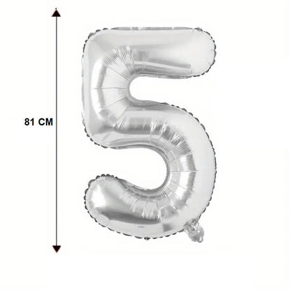 Balon din Folie, Cifra 5, 81 cm, Pentru Aer sau Heliu, Bulk, Argintiu