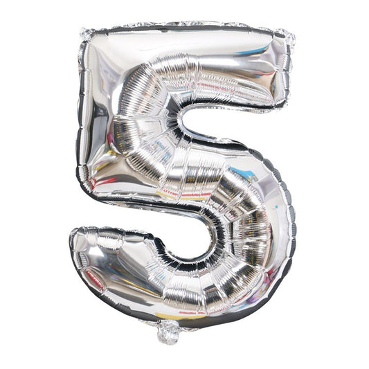 Balon din Folie, Cifra 5, 81 cm, Pentru Aer sau Heliu, Bulk, Argintiu