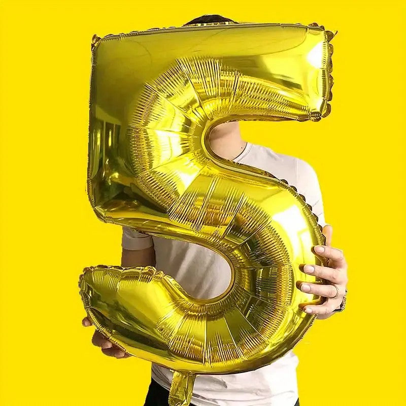 Balon din Folie, Cifra 5, 81 cm, Pentru Aer sau Heliu, Bulk, Auriu