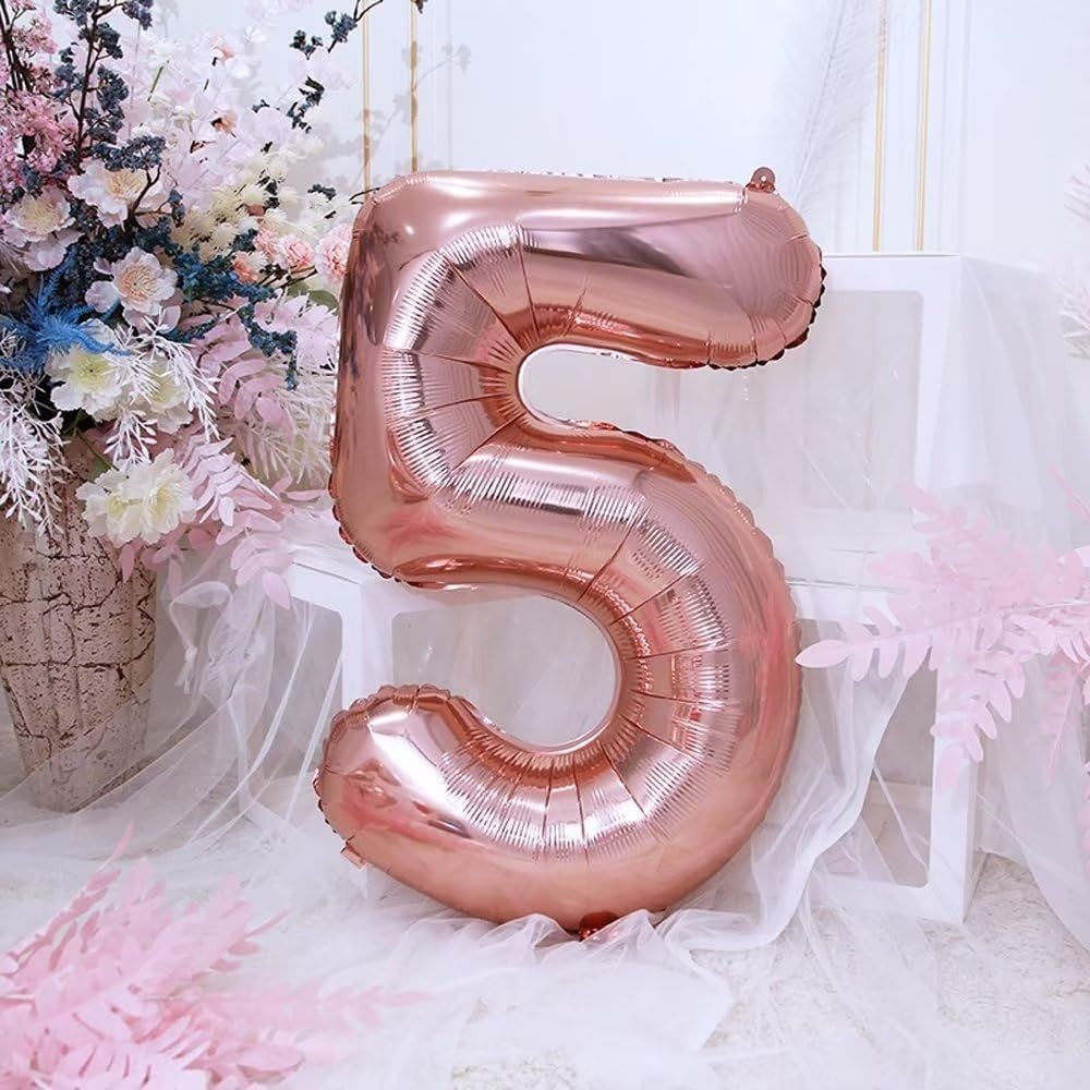Balon din Folie, Cifra 5, 81 cm, Pentru Aer sau Heliu, Bulk, Roz Auriu