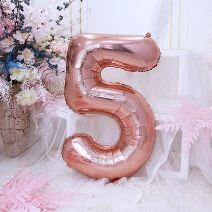 Balon din Folie, Cifra 5, 81 cm, Pentru Aer sau Heliu, Bulk, Roz Auriu