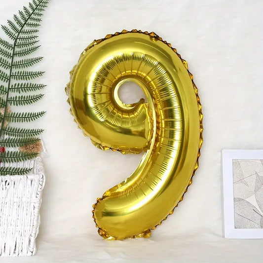 Balon din Folie, Cifra 9, 81 cm, Pentru Aer sau Heliu, Bulk, Auriu