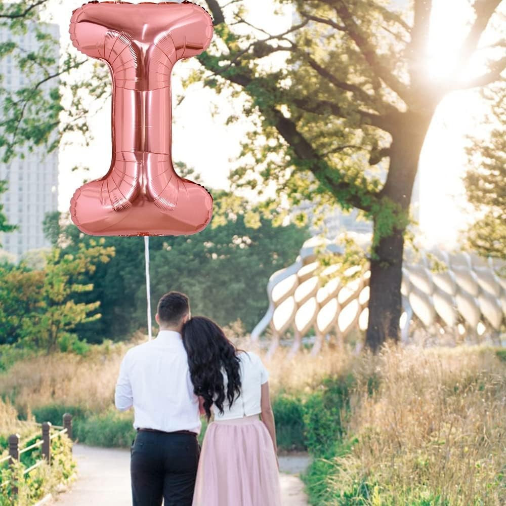 Balon Folie Metalizata Litera I, 100 cm, Umflati cu Heliu sau Aer, Ambalaj Individual, Pai inclus, Rose Gold