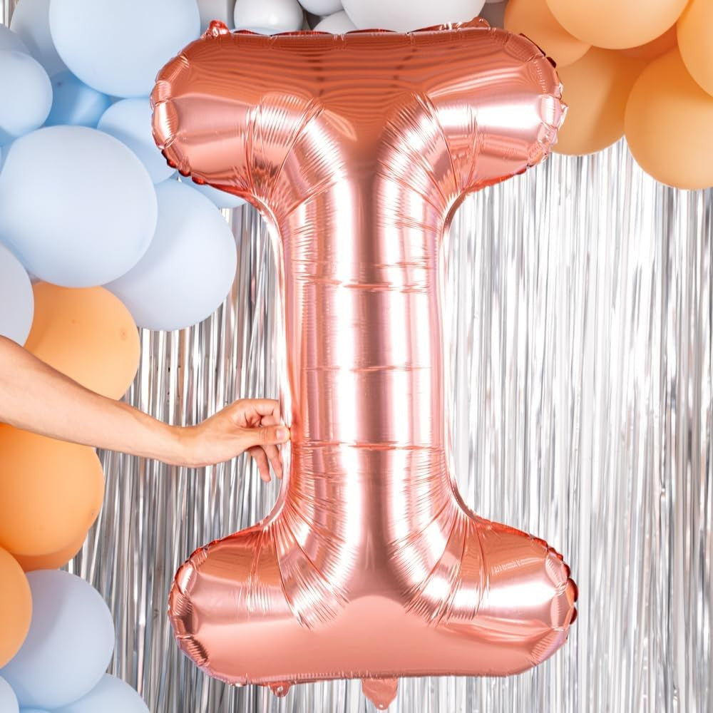Balon Folie Metalizata Litera I, 100 cm, Umflati cu Heliu sau Aer, Ambalaj Individual, Pai inclus, Rose Gold