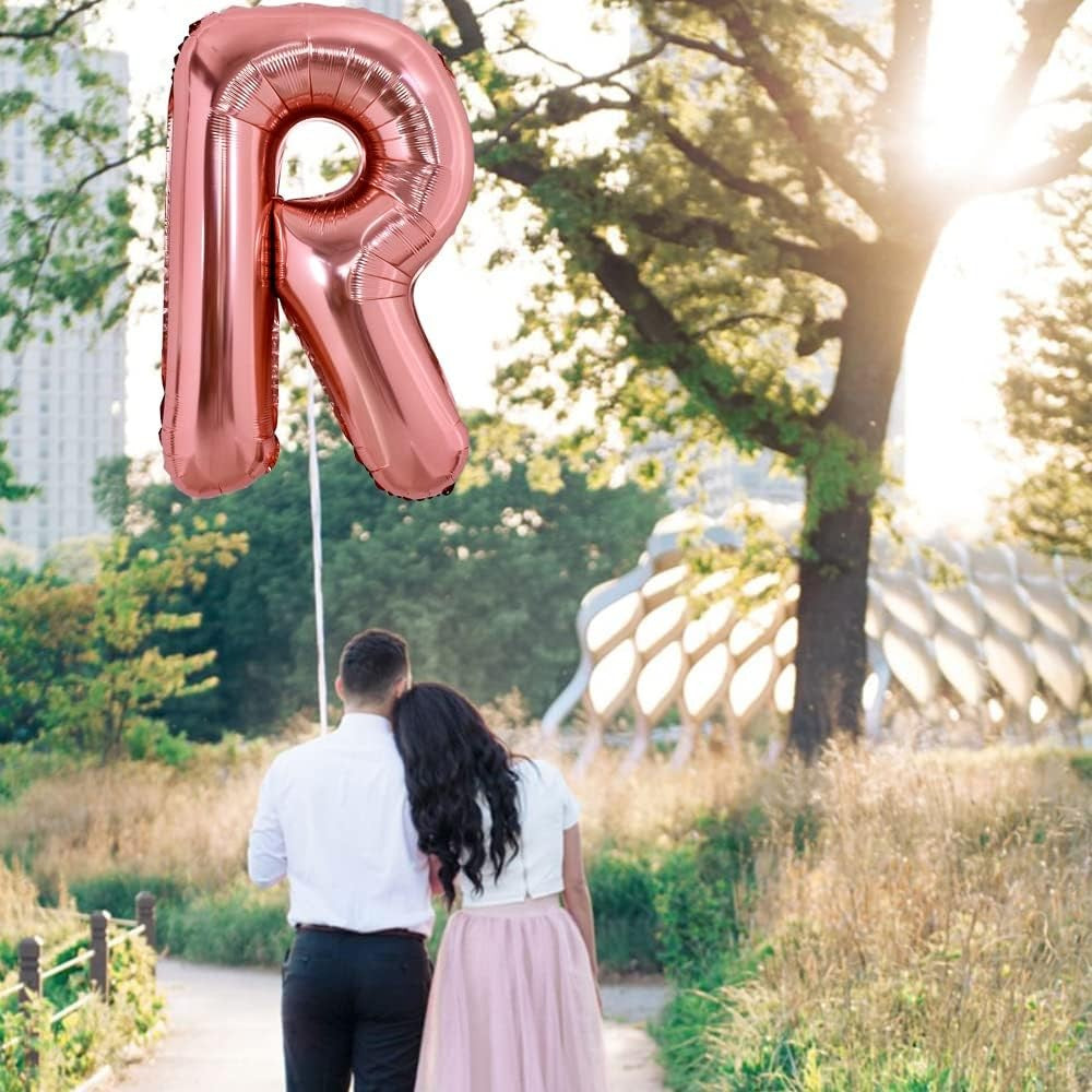 Balon Folie Metalizata Litera R, 100 cm, Umflati cu Heliu sau Aer, Ambalaj Individual, Pai inclus, Rose Gold