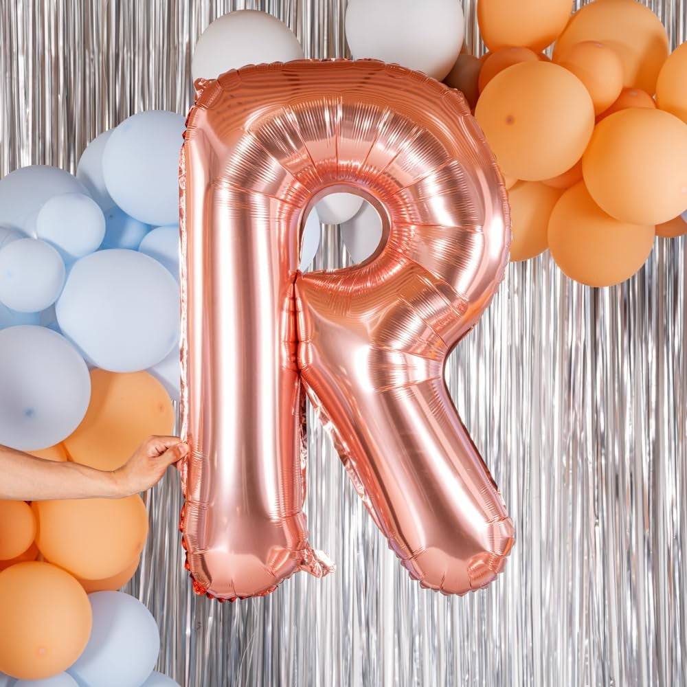 Balon Folie Metalizata Litera R, 100 cm, Umflati cu Heliu sau Aer, Ambalaj Individual, Pai inclus, Rose Gold