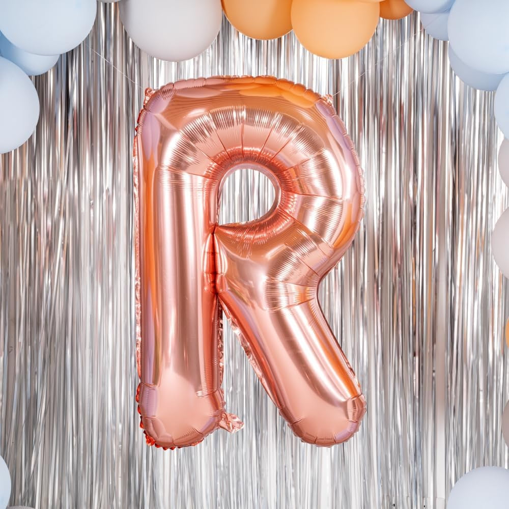 Balon Folie Metalizata Litera R, 100 cm, Umflati cu Heliu sau Aer, Ambalaj Individual, Pai inclus, Rose Gold