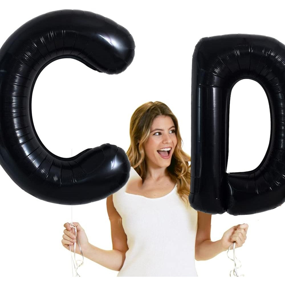Balon din folie metalizata, 40 cm, Balon Folie Metalizata Litera D, 40 cm, Umflati cu Heliu sau Aer, Ambalaj Individual, Pai inclus, Negru, Litera D