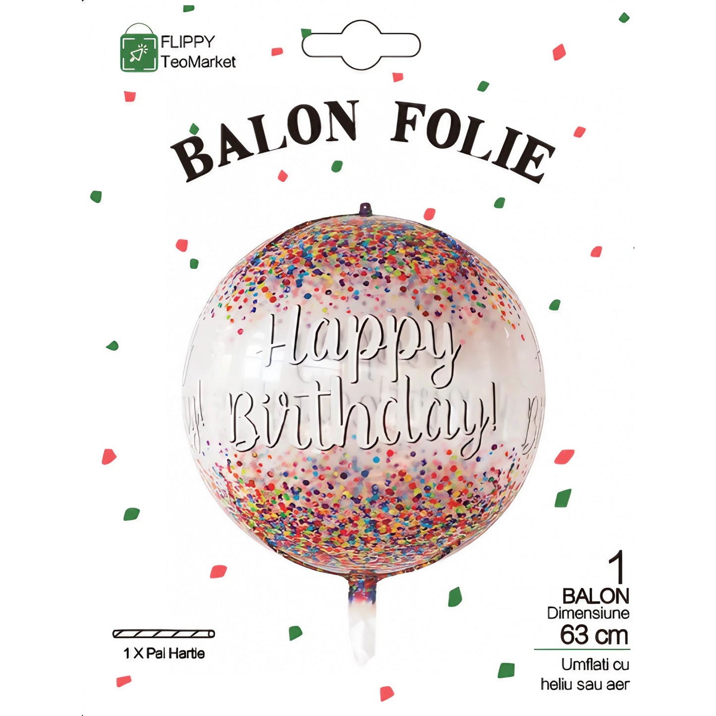 Balon din Folie Metalizata, Figurina Rotunda 4D, Model Happy Birthday, Tema Aniversare, 24 x 63 cm, Ambalaj Individual, Pai inclus, Umflare cu Aer sau Heliu, Maro