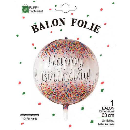 Balon din Folie Metalizata, Figurina Rotunda 4D, Model Happy Birthday, Tema Aniversare, 24 x 63 cm, Ambalaj Individual, Pai inclus, Umflare cu Aer sau Heliu, Maro