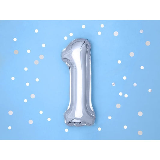 Balon din Folie Metalizata, Figurina Cifra, Tema Aniversare 100 cm, Ambalaj Individual, Pai inclus, Umflare cu Aer sau Heliu, Argintiu, Cifra 1