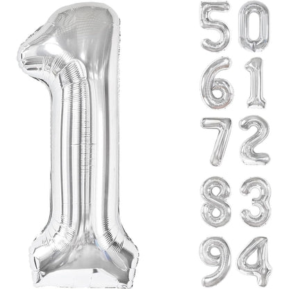 Balon din Folie Metalizata, Figurina Cifra, Tema Aniversare 100 cm, Ambalaj Individual, Pai inclus, Umflare cu Aer sau Heliu, Argintiu, Cifra 1