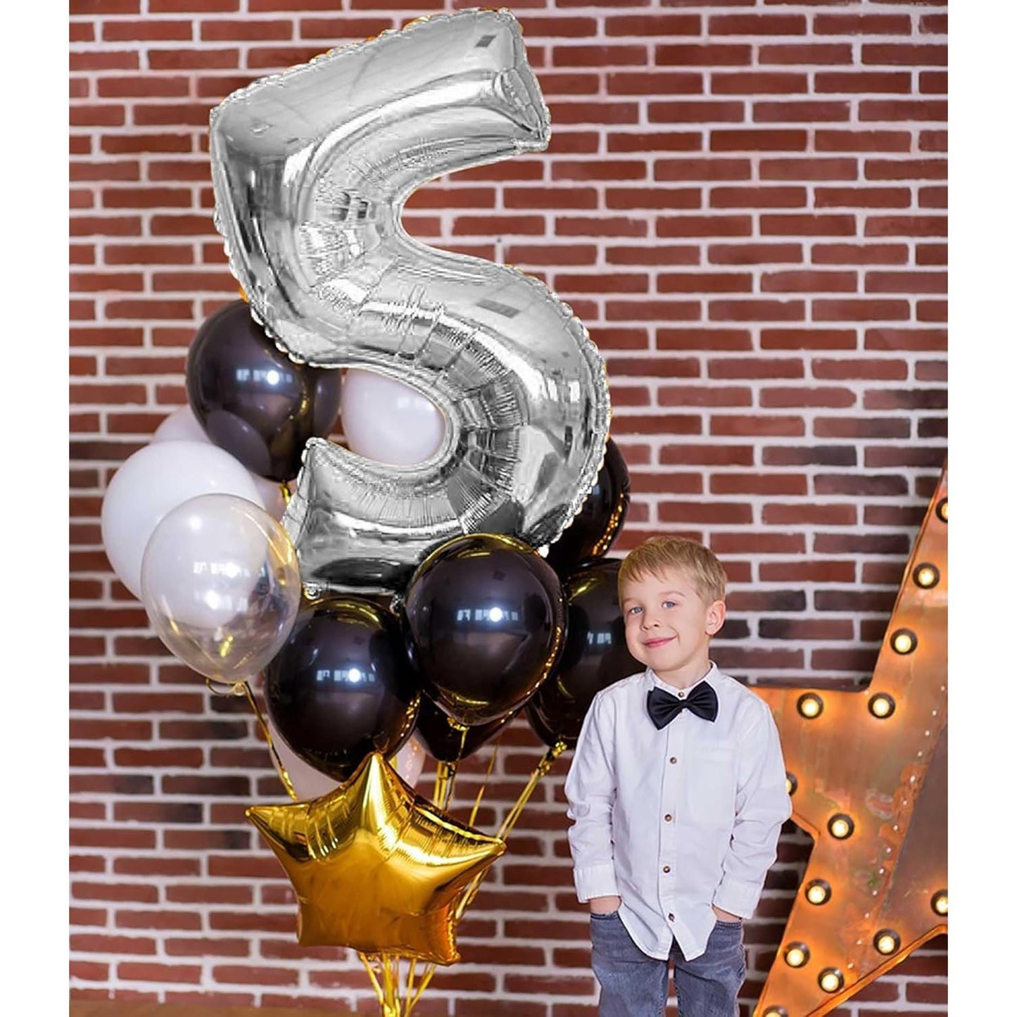 Balon din Folie Metalizata, Figurina Cifra, Tema Aniversare 100 cm, Ambalaj Individual, Pai inclus, Umflare cu Aer sau Heliu, Argintiu, Cifra 5