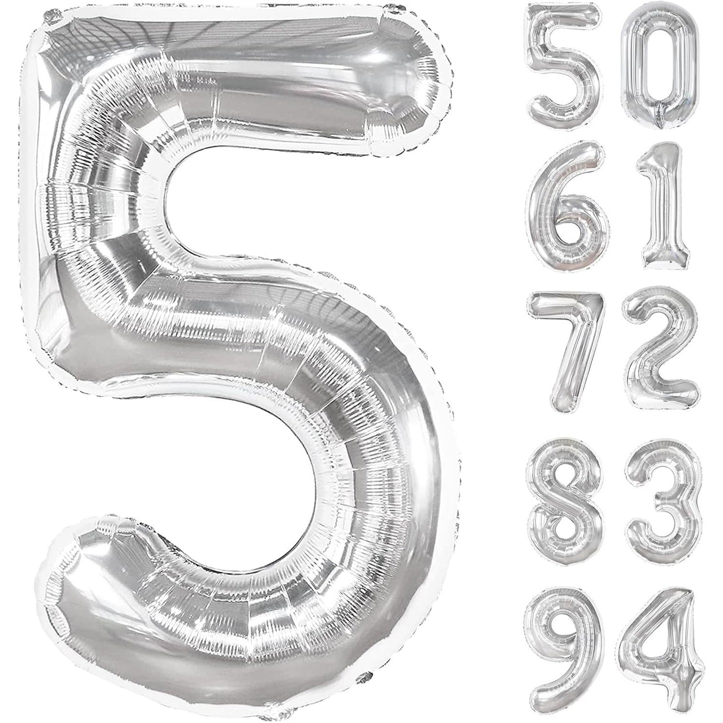 Balon din Folie Metalizata, Figurina Cifra, Tema Aniversare 100 cm, Ambalaj Individual, Pai inclus, Umflare cu Aer sau Heliu, Argintiu, Cifra 5