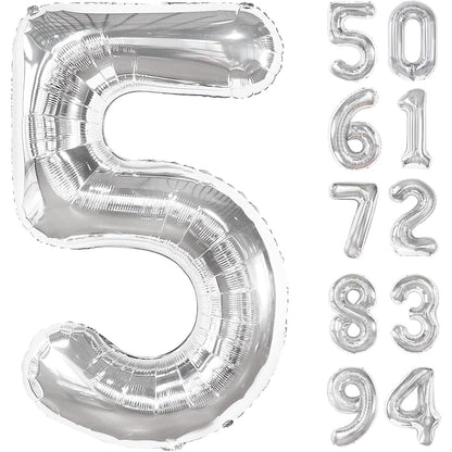 Balon din Folie Metalizata, Figurina Cifra, Tema Aniversare 100 cm, Ambalaj Individual, Pai inclus, Umflare cu Aer sau Heliu, Argintiu, Cifra 5