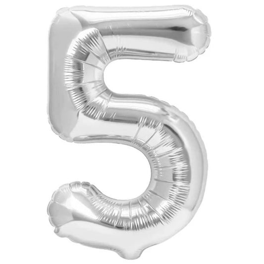 Balon din Folie Metalizata, Figurina Cifra, Tema Aniversare 100 cm, Ambalaj Individual, Pai inclus, Umflare cu Aer sau Heliu, Argintiu, Cifra 5