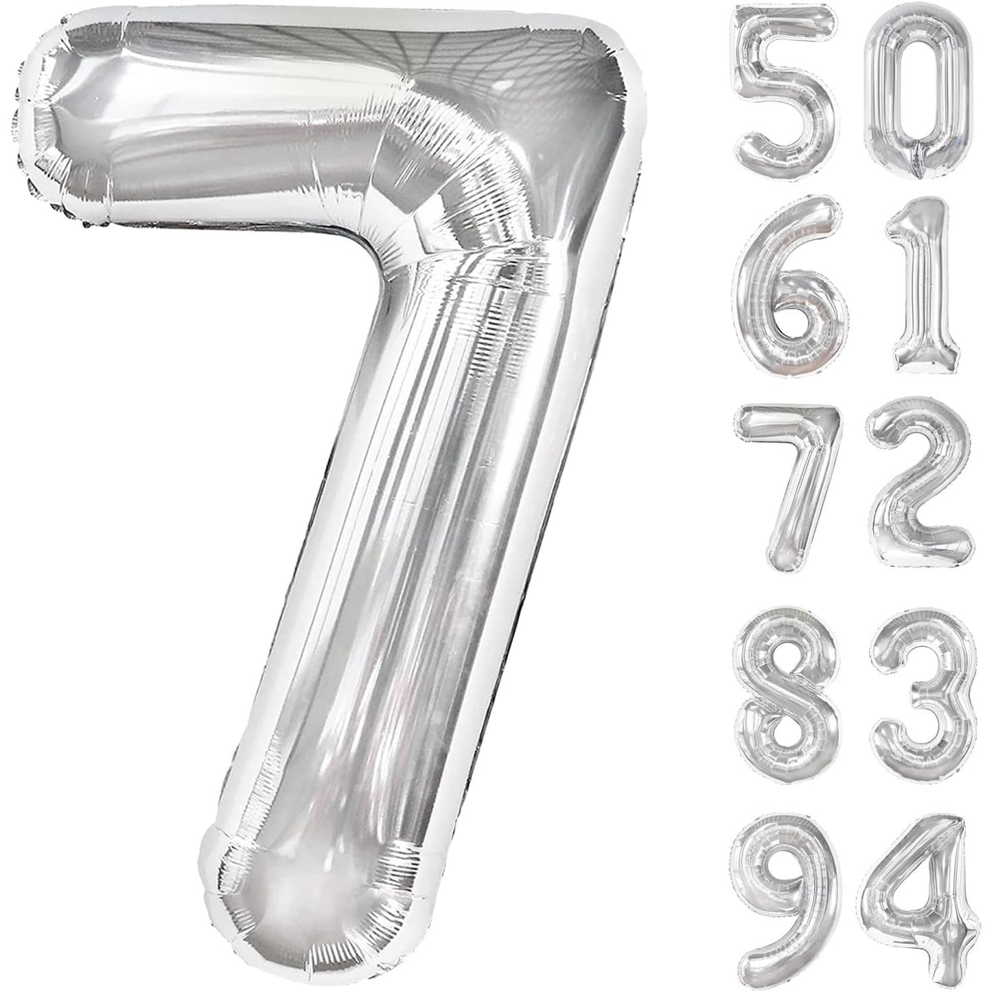 Balon din Folie Metalizata, Figurina Cifra, Tema Aniversare 100 cm, Ambalaj Individual, Pai inclus, Umflare cu Aer sau Heliu, Argintiu, Cifra 7