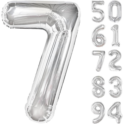 Balon din Folie Metalizata, Figurina Cifra, Tema Aniversare 100 cm, Ambalaj Individual, Pai inclus, Umflare cu Aer sau Heliu, Argintiu, Cifra 7